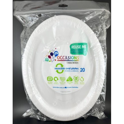 Plates Oval 31.5cm x 24.5cm White Reusable Plastic Pk/20