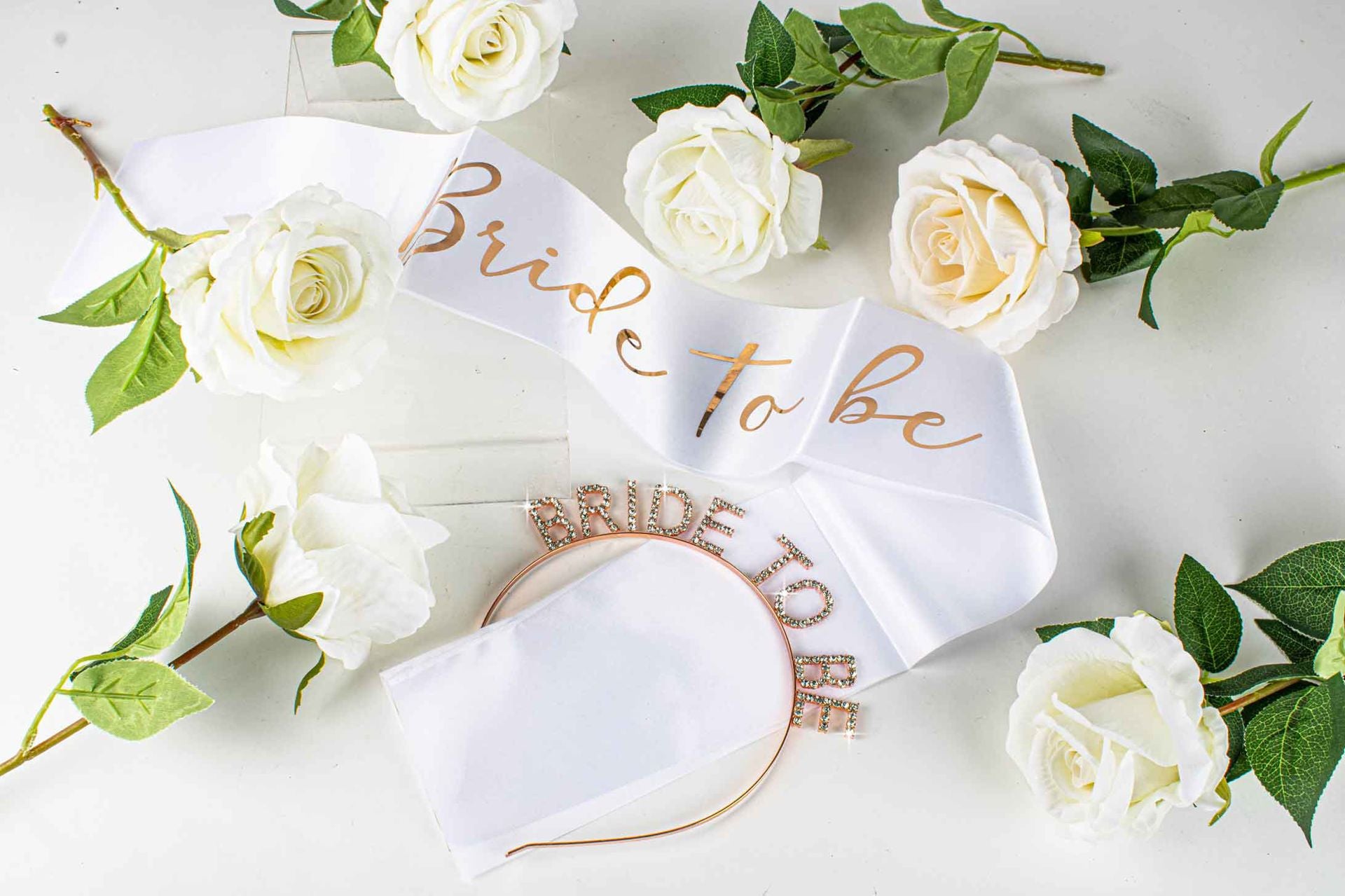 Satin Sash Bride To Be White Rose/Gold Hens Night Deluxe