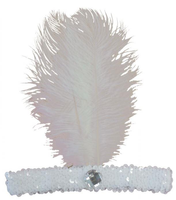 Headband 1920s Flapper Sequinned White With Feather