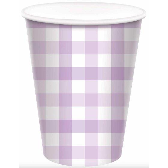 Paper Cups Gingham Check 266ml Pastel Purple Pk 8
