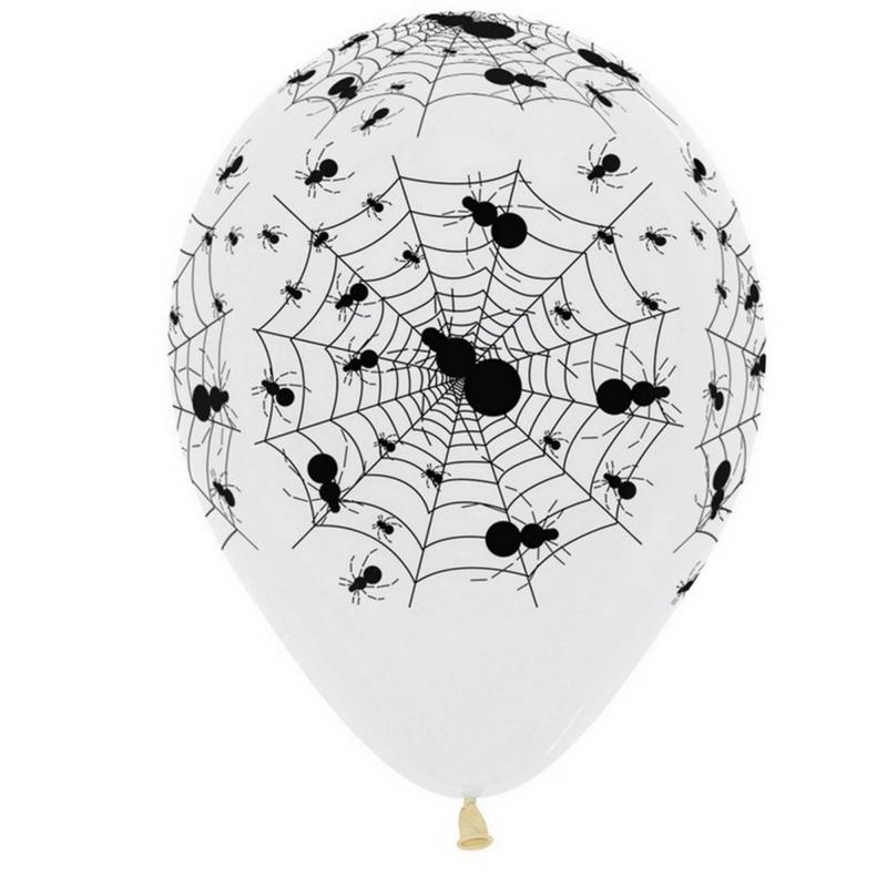 Balloon Latex 30cm Crystal Clear With Black Spiders & Web Pk/12