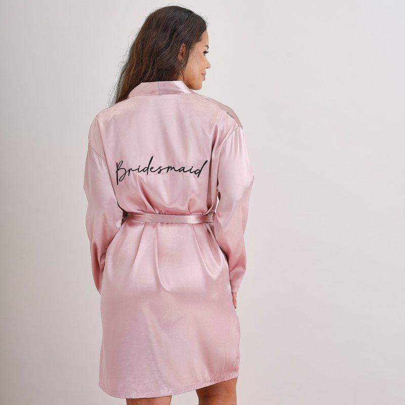 Hen Party Bridesmaid Pink Embroidered Satin Dressing Gown Deluxe One Size
