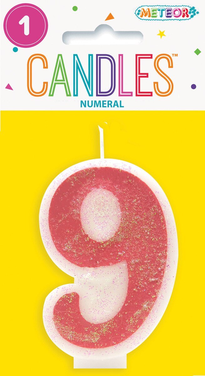 Cake Candle Number 9 Pink Glitter 8cm High