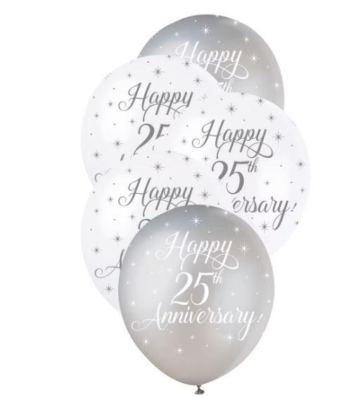 Latex Balloons 30cm 25th Silver Wedding Anniversary Pk/5