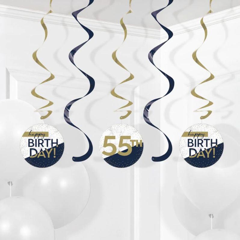 Navy & Gold Milestone Happy Birthday Any Age Hanging Swirls w/Stickers Pk/5