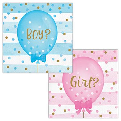 Gender Reveal Napkins Beverage Baby Boy or Girl 2-Sided Design Pk/16