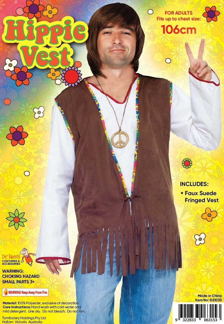 Costume Adult Hippie Vest Brown With Fringe 1960s Medium / Standard