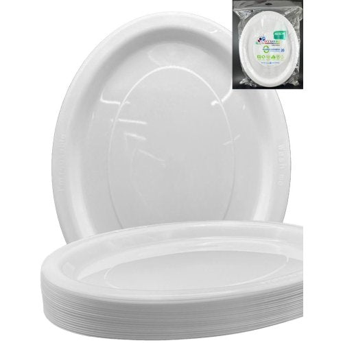 Plates Oval 31.5cm x 24.5cm White Reusable Plastic Pk/20