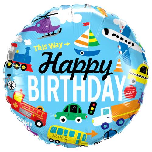 Balloon Foil 45cm Happy Birthday Transportation