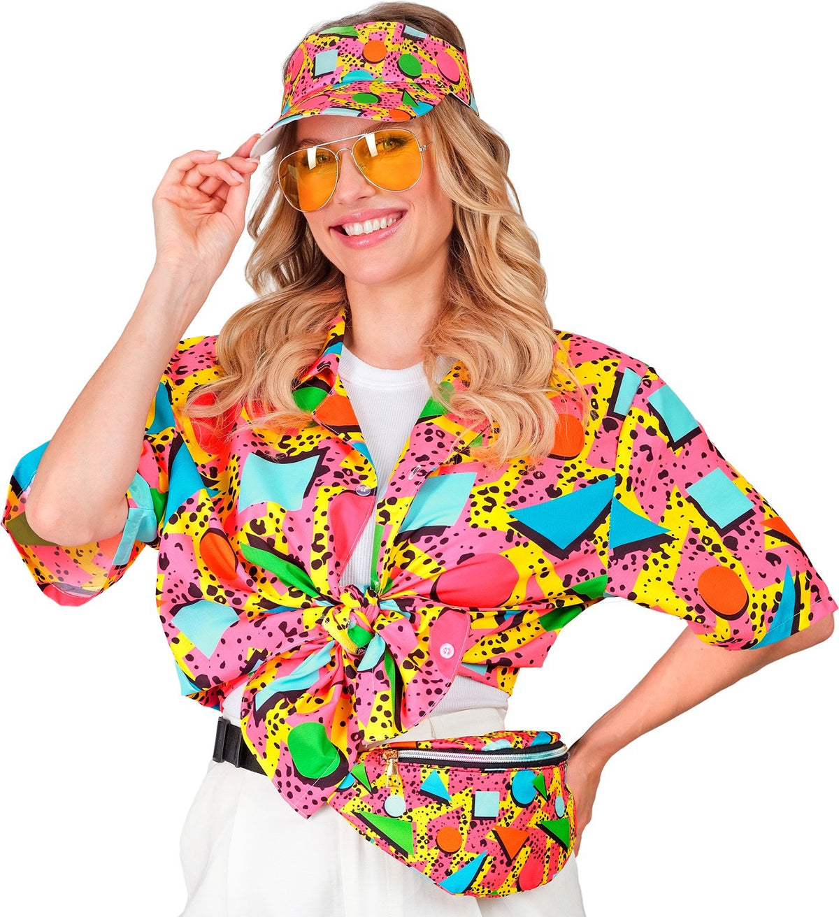 Costume Accessory Adult Funky Geometric Pink 1980s Visor Hat & Belt Bum Bag