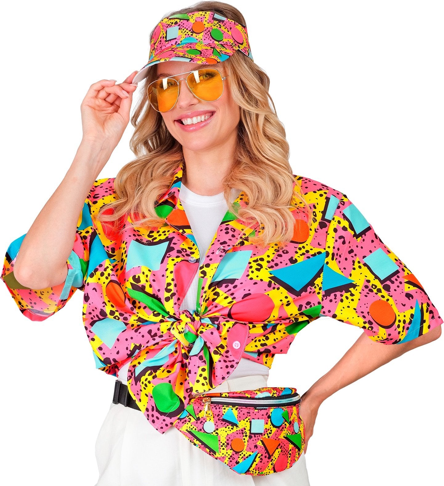 Costume Accessory Adult Funky Geometric Pink 1980s Visor Hat & Belt Bum Bag