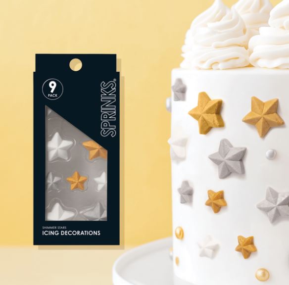Edible Icing Decorations Shimmer Stars White/Silver/Gold Christmas Pk/9