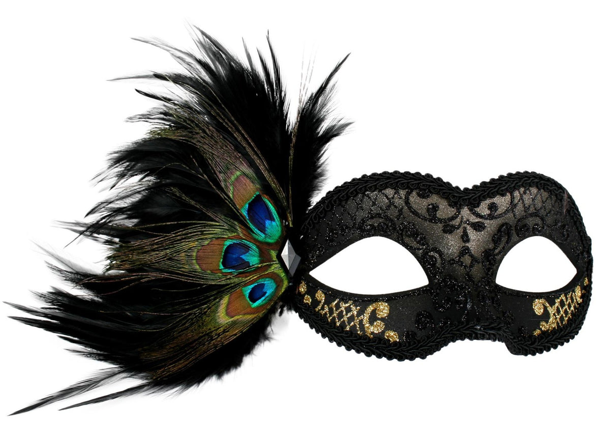 Mask Eye Adrianna Black & Gold Peacock Feather