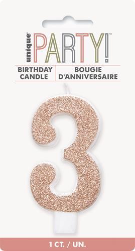 Cake Candle Number 3 Glitter Rose Gold