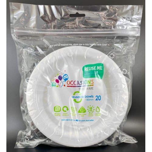Bowls 18cm White Reusable Plastic Pk/20