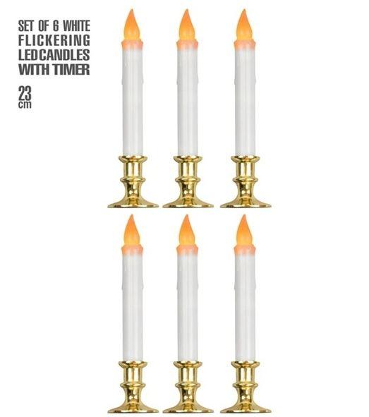 White Flickering LED Candles With Timer 23cm Pk/6 Costume Prop/Decoration