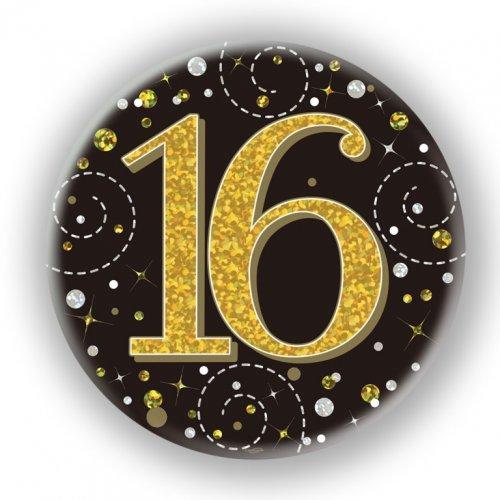 Badge 16th Birthday Sparkling Fizz Black/Gold 75mm Sixteen