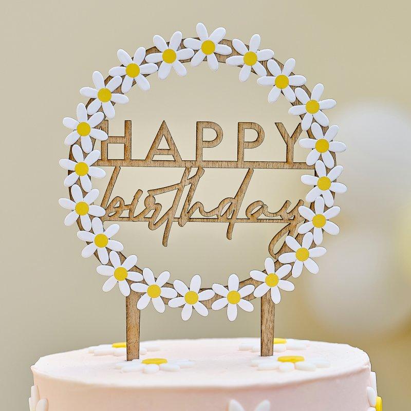 Cake Topper Wooden Happy Birthday With Cardboard Daisies
