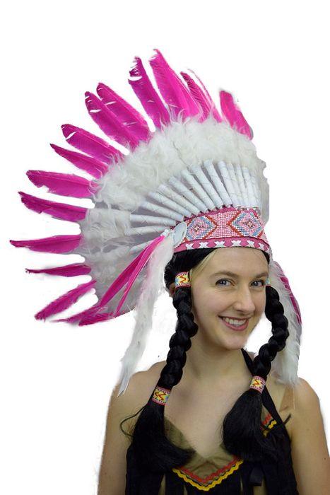 Native American Indian Headress W/Pink Tip Feathers Deluxe - Discontinued