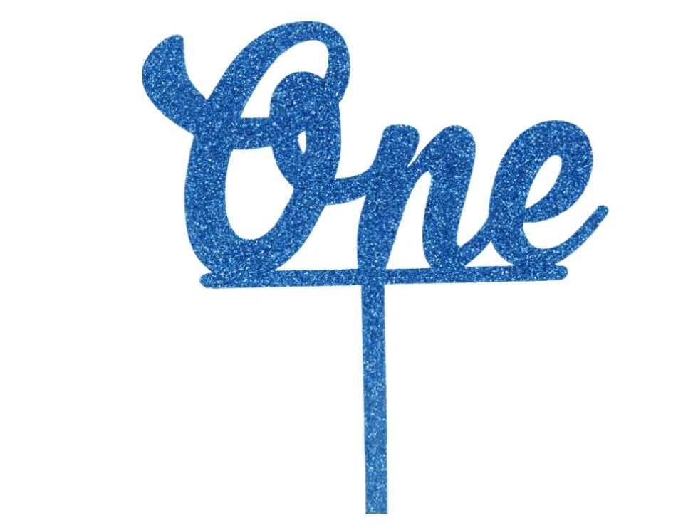 Cake Topper One Acrylic Brithday Blue Glitter Decoration