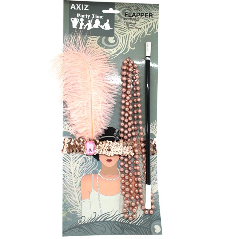 Costume Set Pink 1920s Flapper(Headband, Pearly Necklace, Cigarette Holder)