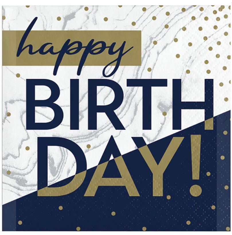 Navy & Gold Milestone Happy Birthday Beverage Napkins Pk/16