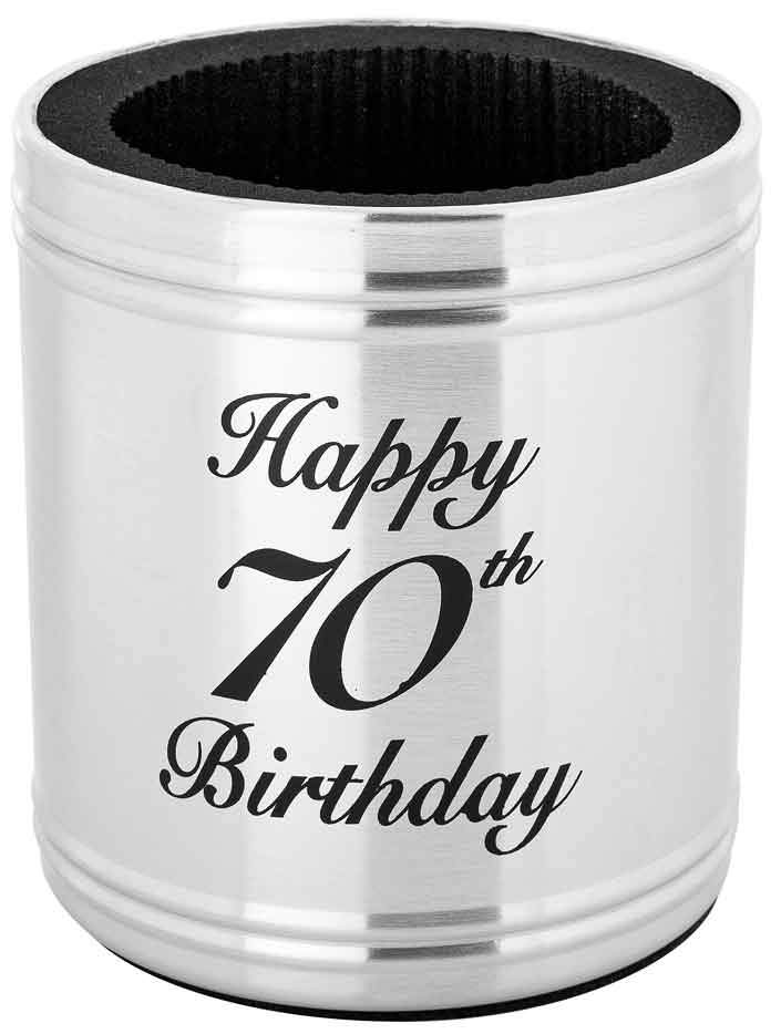 Gift Beer Stubbie Holder Stainless Steel Happy 70th Birthday Deluxe