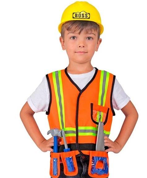 Costume Child Builder Set Fluro Hard Hat & Building Tools 5 Piece Set