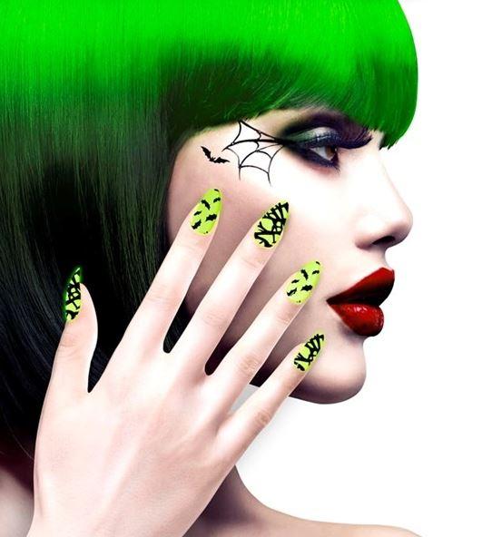 Nails Fake Neon Bats Self Adhesive Pk/12 Neon Green & Black