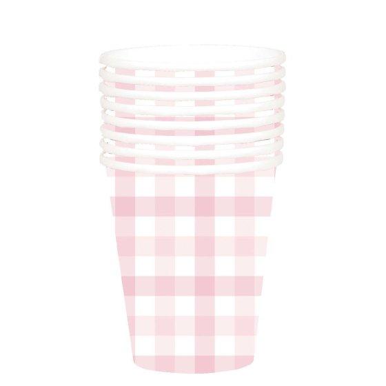 Paper Cups Gingham Check 266ml Pastel Pink Pk 8