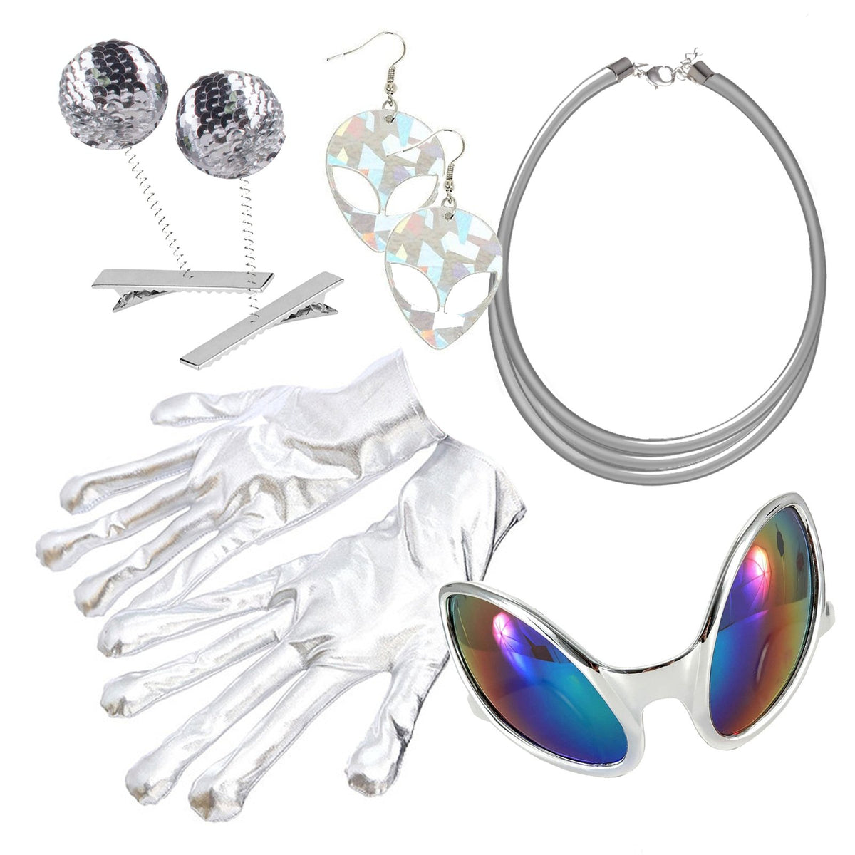 Costume Kit Alien Set Gloves, Necklace, Glasses, Earrings And Hair Clips