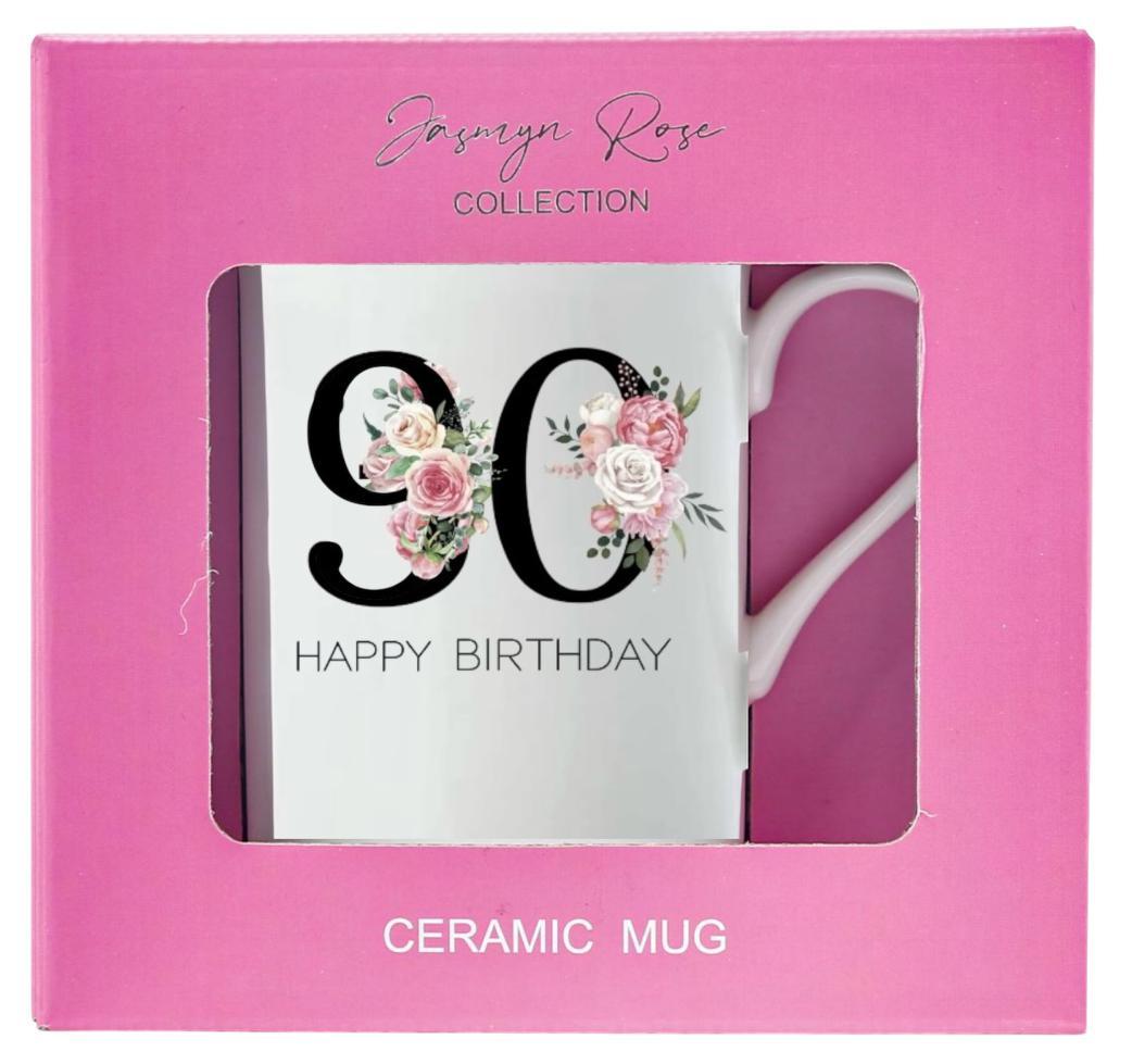 Mug White 90th Happy Birthday Floral Ceramic Gift