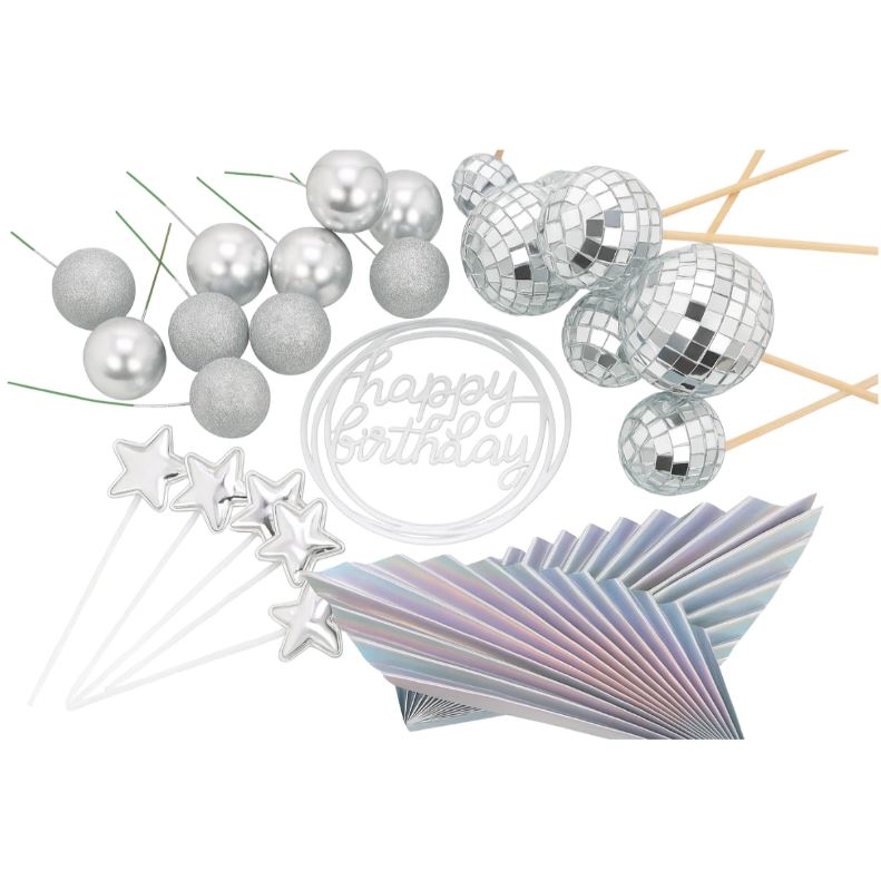 Cake Topper Decorating Happy Birthday Set Disco Silver