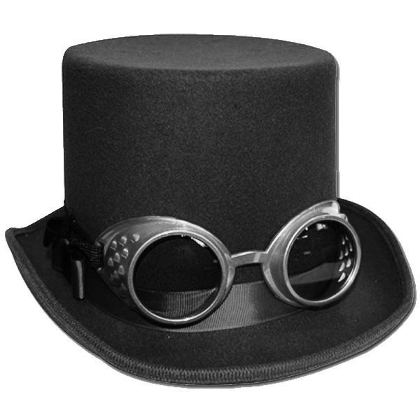 Hat Steampunk Black Top Deluxe With Silver Goggles/Glasses