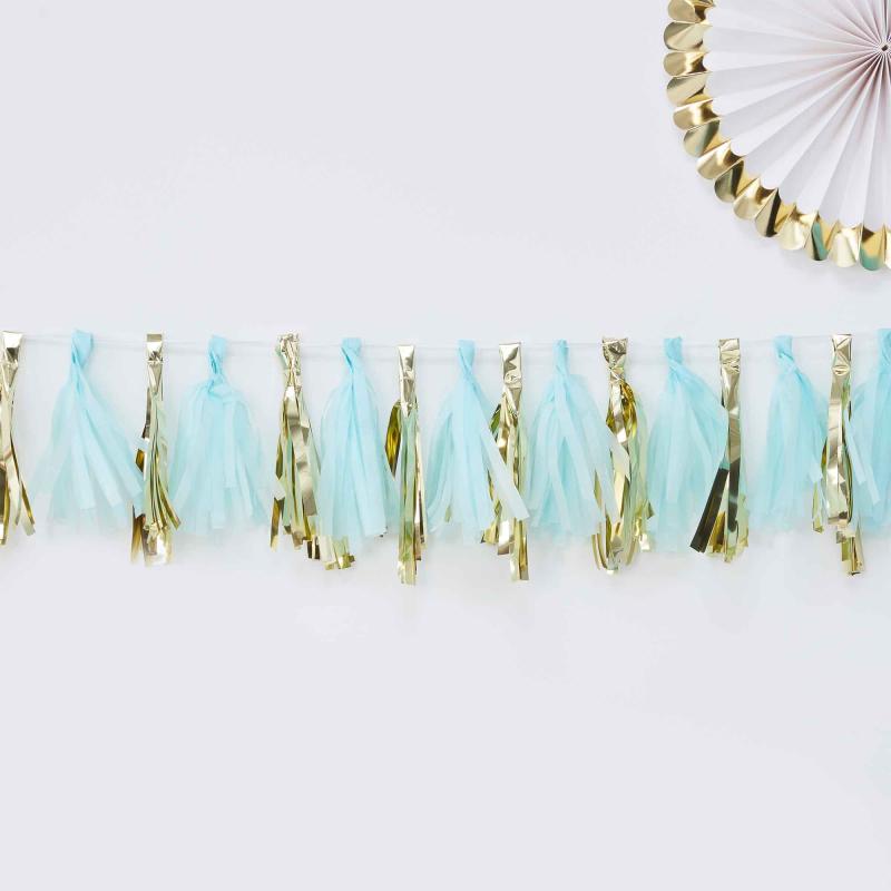 Oh Baby! Tassel Garland Pale Blue & Gold Its a Boy 2m Long 16 Tassels