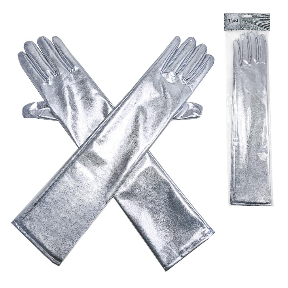 Gloves Long Silver Metallic 45cm Deluxe