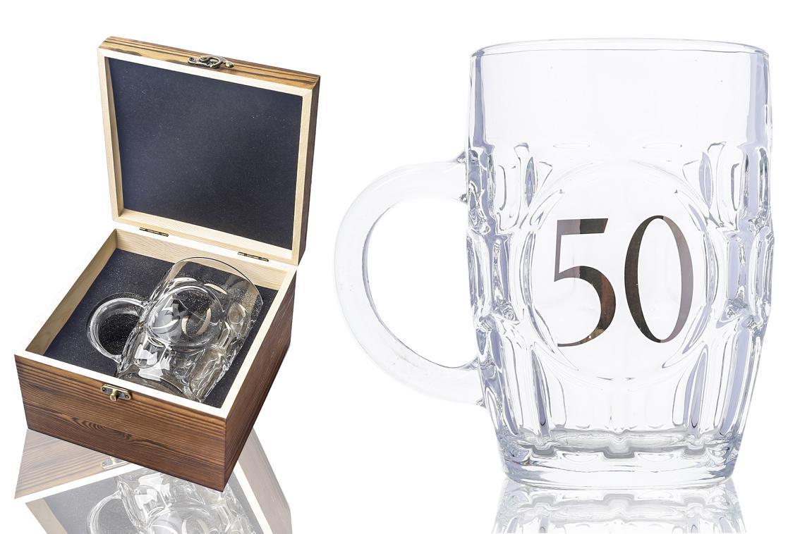 Glass Beer Tankard 50th Birthday in Wooden Box