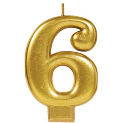 Candle Number 6 Metallic Gold 8cm Moulded