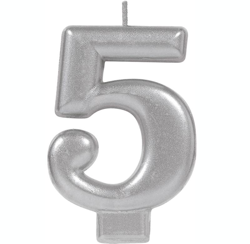 Candle Number 5 Metallic Silver 8cm Moulded