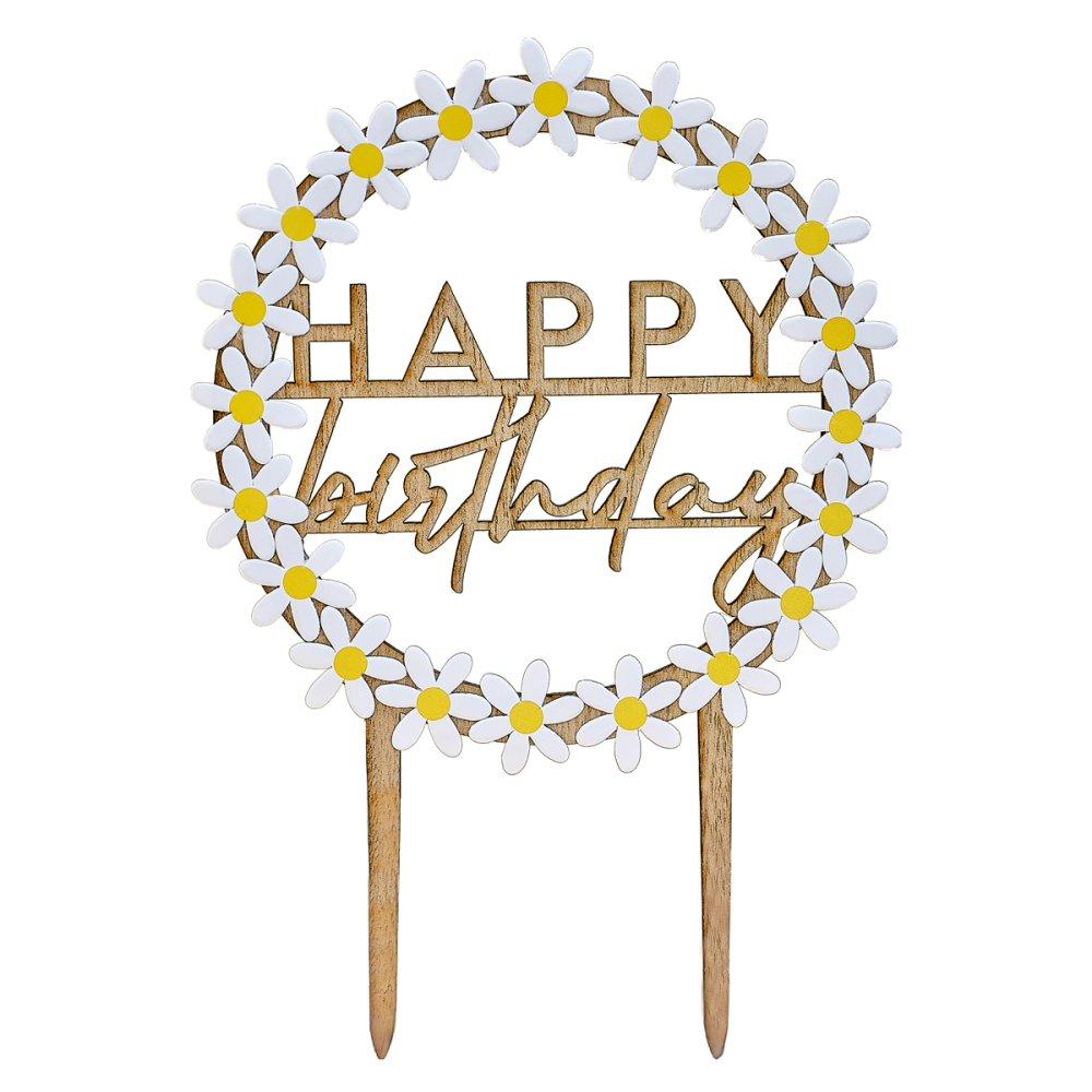 Cake Topper Wooden Happy Birthday With Cardboard Daisies