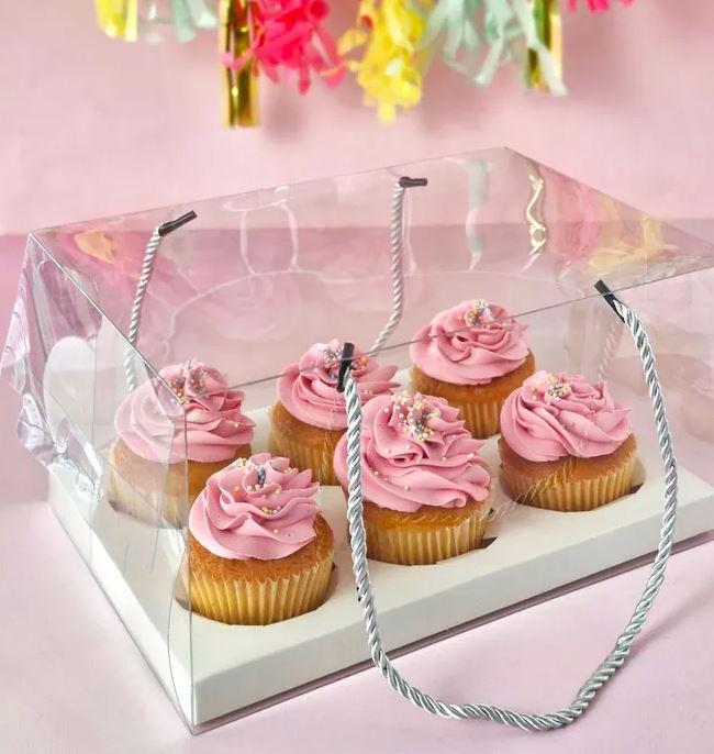 Cupcake Box For 6 Clear Box With Handles or Holds 1/2 Slab Cake