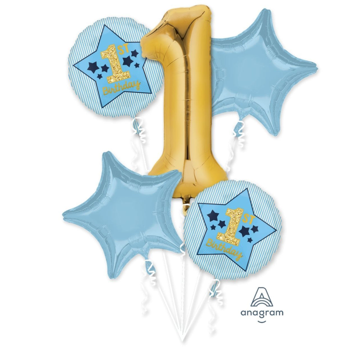 Balloon Bouquet Foil 1st Birthday Blue & Gold Pk/5