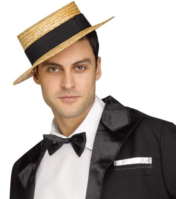 Hat Boater Straw with Black Bow Tie Set 1920s