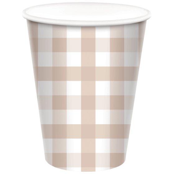 Paper Cups Gingham Check 266ml White Sand Pk 8
