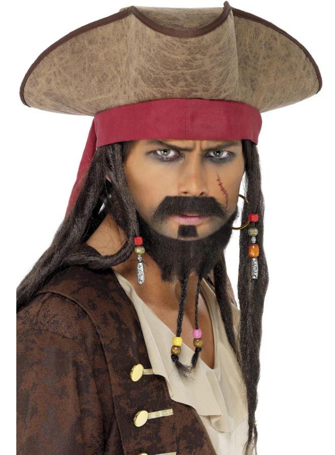 Caribbean Pirate Hat Brown With Dreadlocks & Beads Deluxe