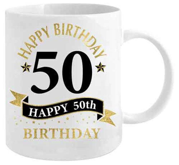 Mug Happy Birthday 50th Fifty White & Gold 360ml