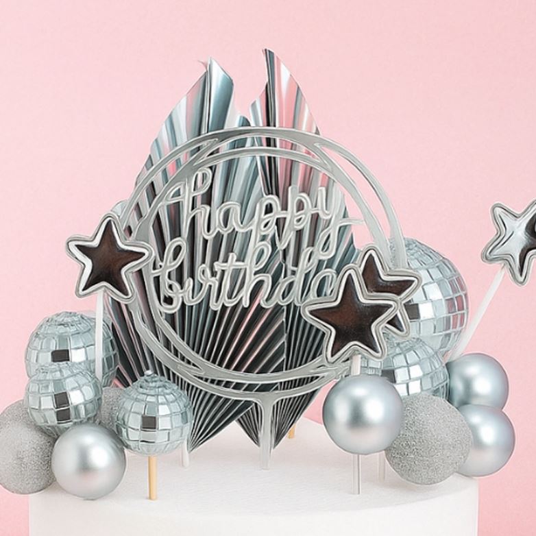 Cake Topper Decorating Happy Birthday Set Disco Silver