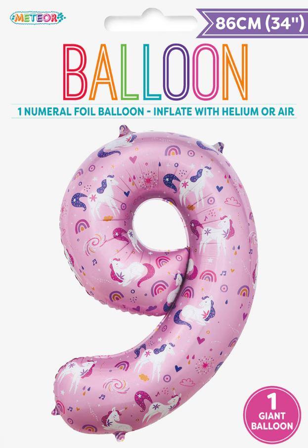 Balloon Foil Megaloon Number 9 Pink Unicorn 86cm