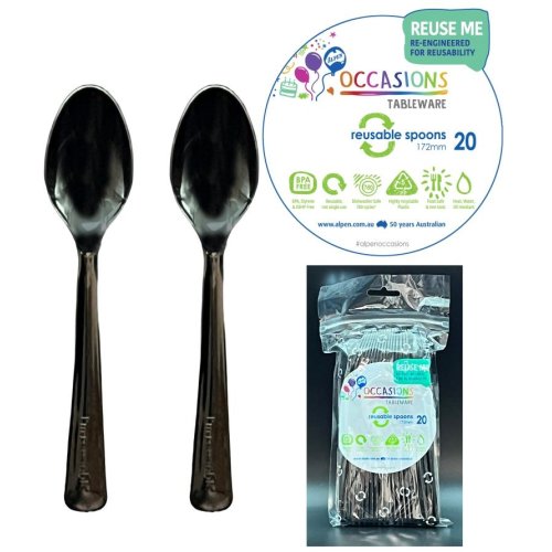Spoons Jet Black Reusable Plastic Pk/20