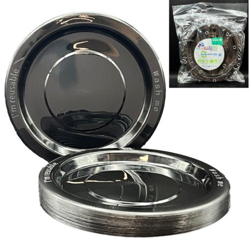 Plates 230mm Black Plastic Dinner Size Reusalbe Pk/20